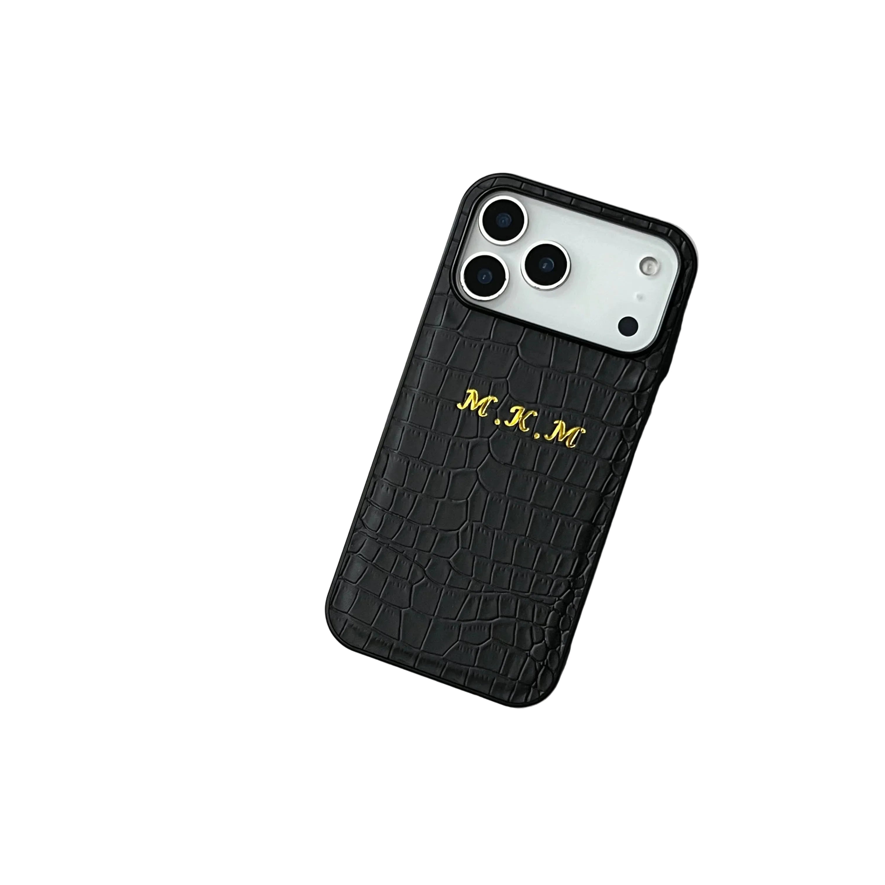 Black crocodile-patterned phone case with gold lettering